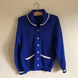 60s Vintage Marv Holland Knit Curling Sweater Button Down Cobalt Royal Blue RARE